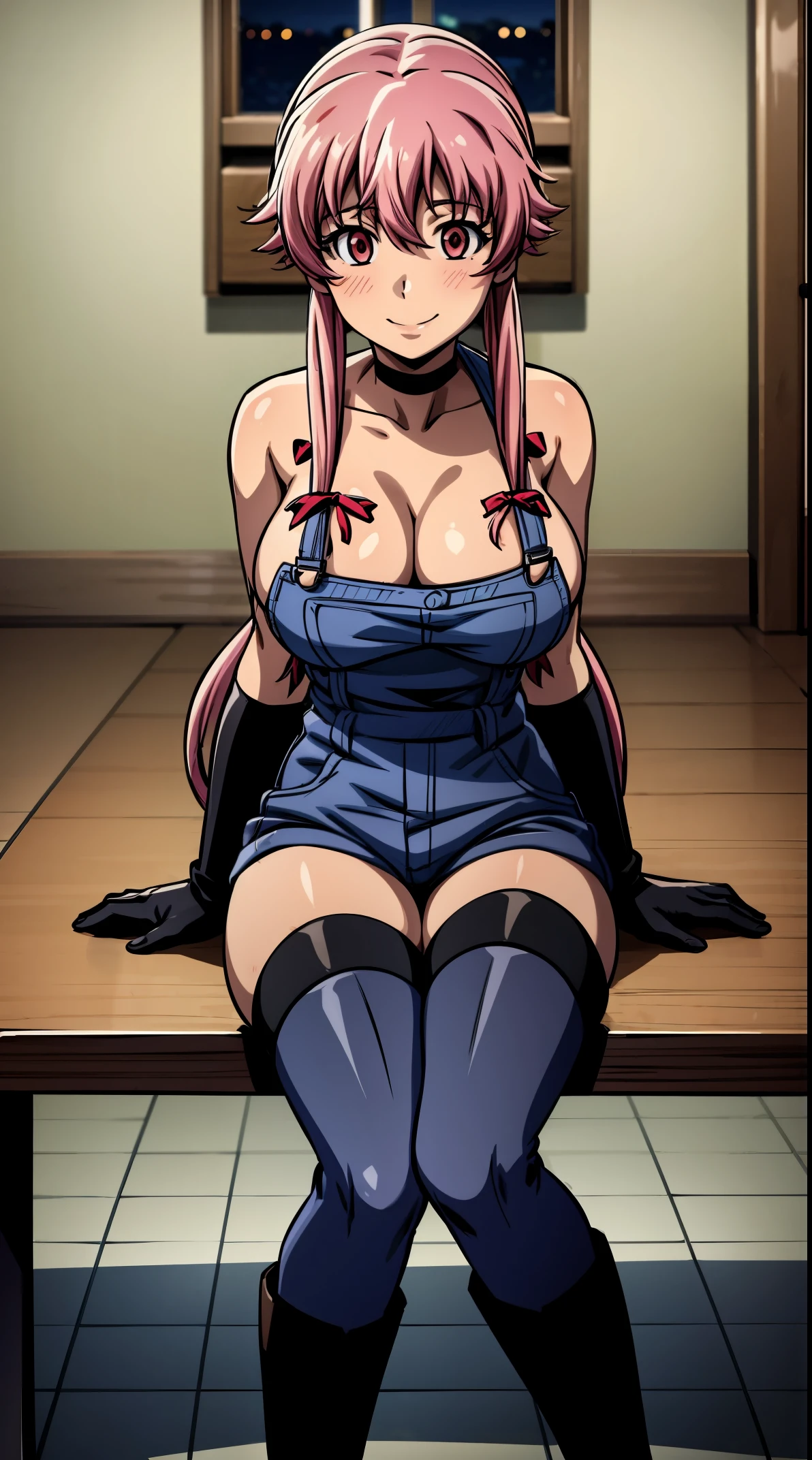 anime_still, masterpiece, best quality, 1girl, Gasai Yuno, long hair, pink hair, low twintails, smile, naked, red eyes, (large breasts:1.5),1girl, black choker, dark grey, overalls, leather gloves, black boots, sitting at a table with a window behind her with the moonlight shining through, blood on floor