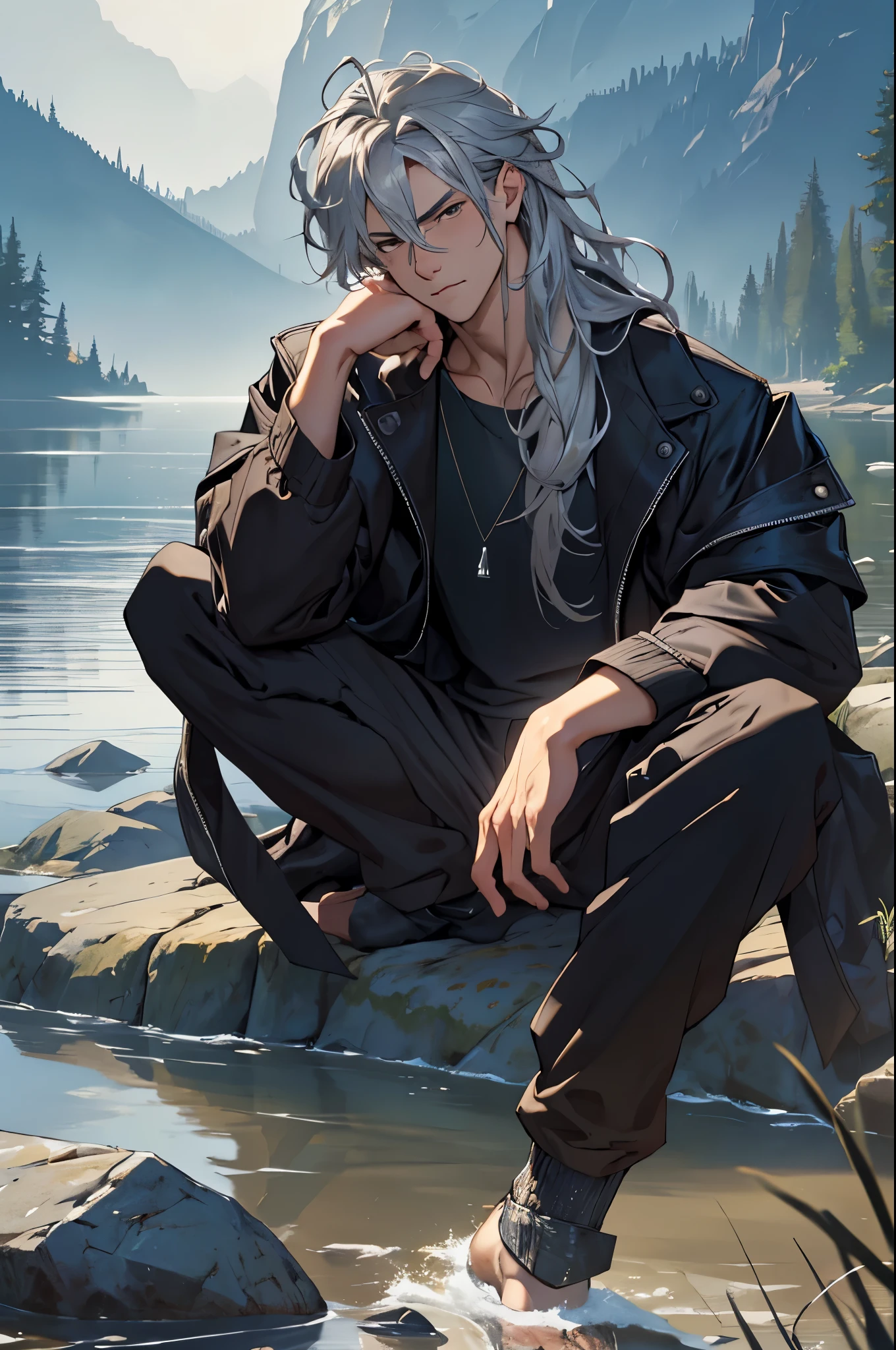 (Masterpiece:1.3),(Best Quality:1.2),8K,absurdress,unity 8K wallpapper,(Extremely detailed:1.3),supreme,hight resolution,Amazing,illustartion,Beautiful studio soft light,Stunningly beautiful,incredibly absurdress,Vivid details,Cinematic lighting,moody lighting,pixiv,Award-winning, Professional, Highly detailed, All, 独奏, looking a viewer, Athletic man,open-front dark brown jacket, in the pants, scar on face , hair color silver, long hair with shimmer,sitting on a rock with a pensive look at the lake.