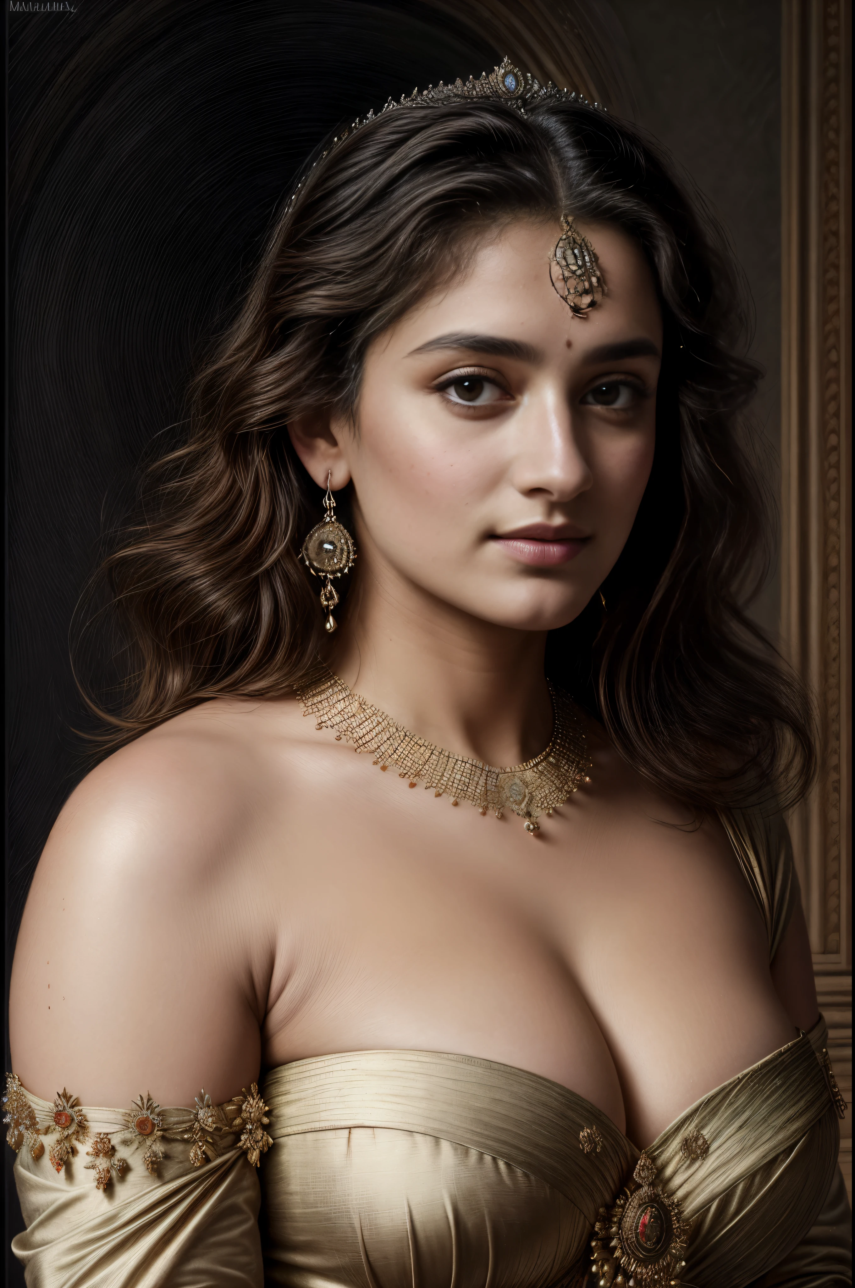 Best quality, highly detailed, masterpiece, Indian princess, Rajkanya, royal clothes, Masterpiece, extremely gorgeous woman, matchless Beauty, portrait, Peter Paul Rubens style, Woman, off shoulder bandeau crop blouse, middle ages, classicism, andrey atroshenko style, painting, long hair, styled hair, traditional media, realistic, figurative, fine art, detailed Art, oil on canvas, HDR, 8K, original character, high resolution, high detail, focus on the face, intricate, flawless, fluffy hair, Peter Paul Rubens style, By Peter Paul Rubens, sharp picture, no crown