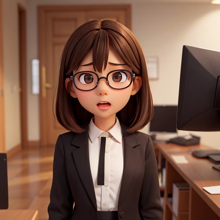 1girl, medium-length brown hair, brown eyes, glasses, open forehead, office outfit, black jacket, white shirt, black skirt, (uncertain look, open mouth, no smile), telling something