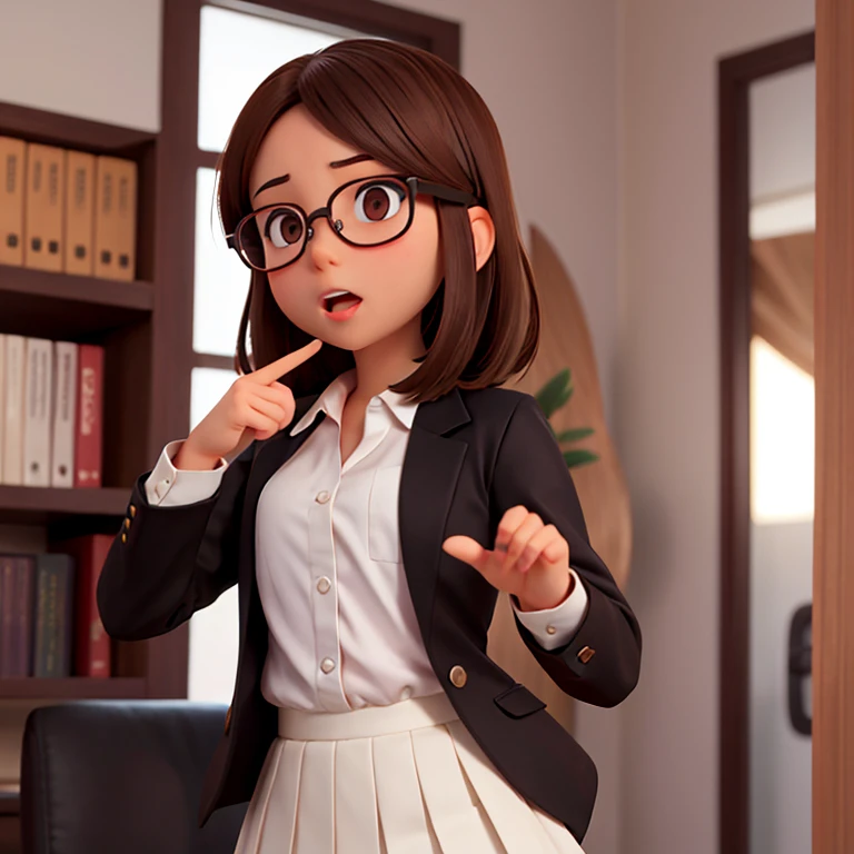 1girl, medium-length brown hair, brown eyes, glasses, open forehead, office outfit, black jacket, white shirt, black skirt, (uncertain look, open mouth, no smile), telling something