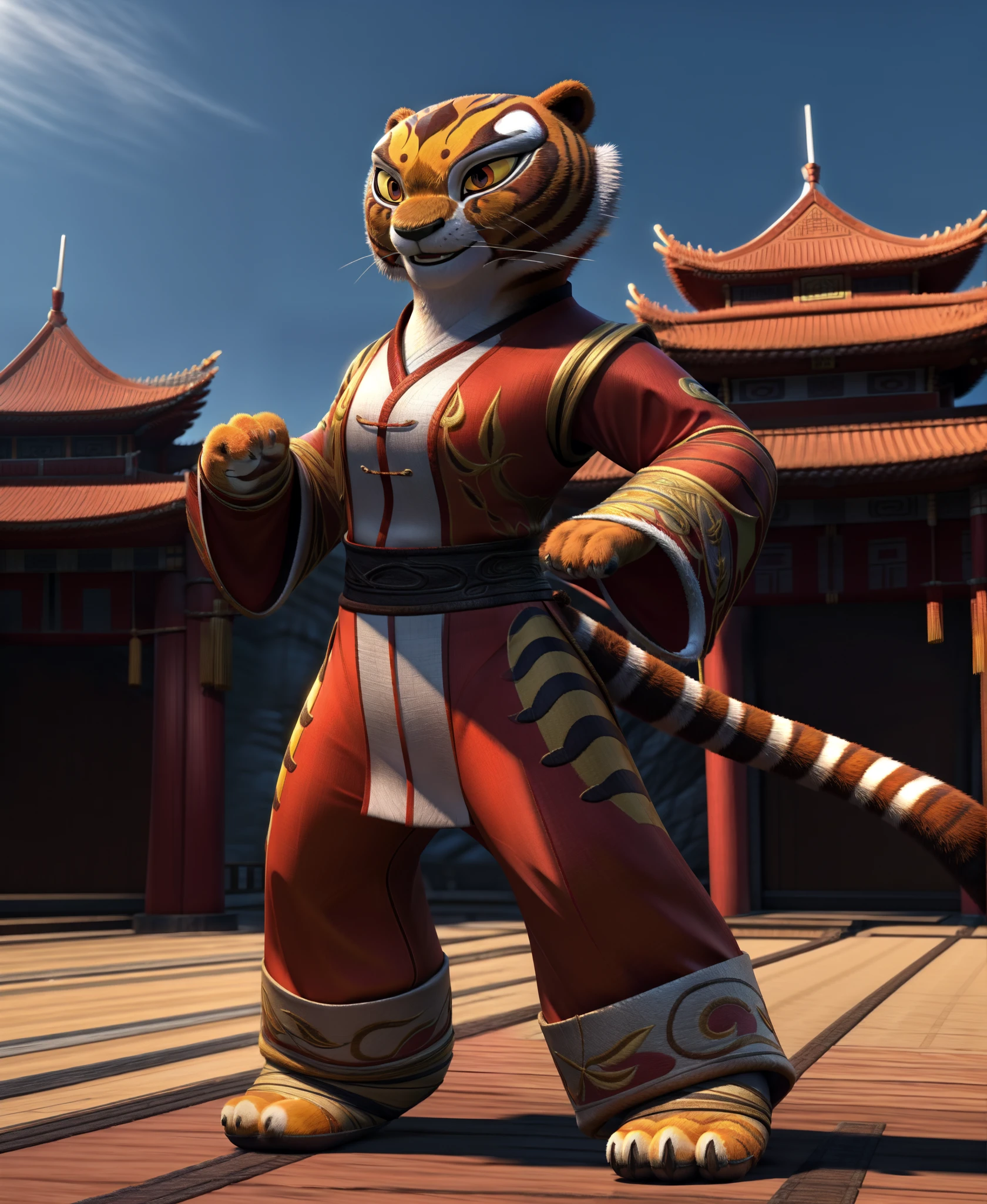 solo, female, master tigress, black kung fu clothes, standing, chinese castle, full body, high quality, 8k, 3d, dreamworks style, cinematic