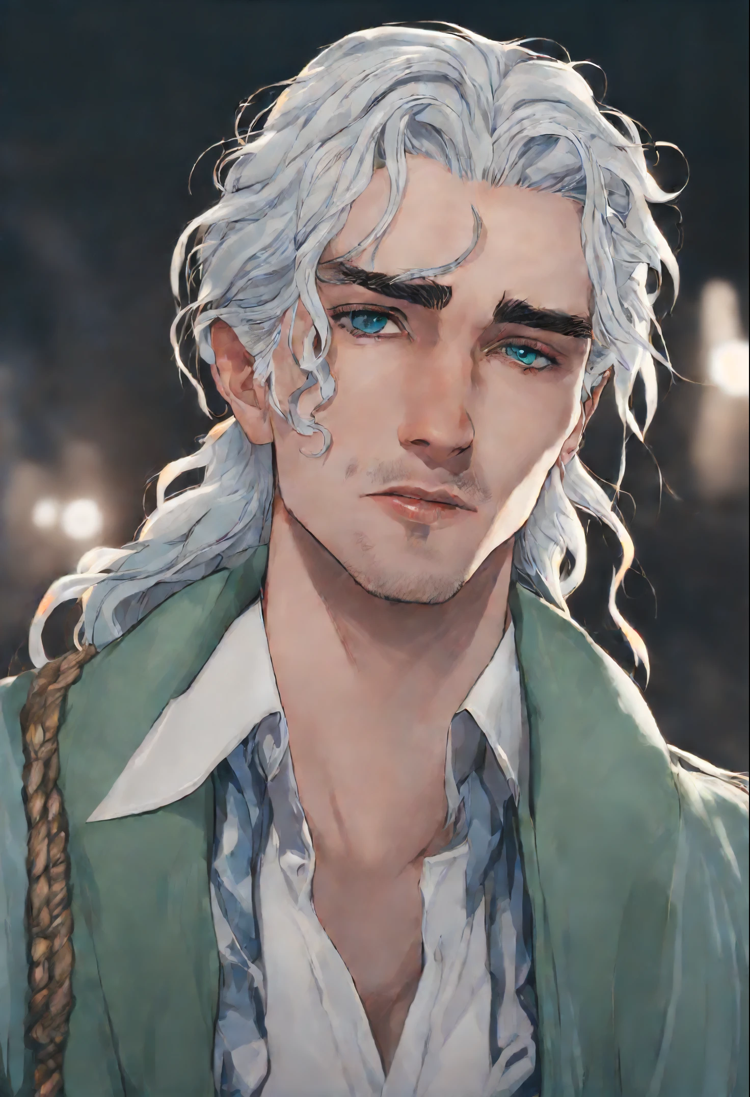 white haired man with wavy hair and a long braid,left eye green and his right eye powder blue,looking wicked and eyes dead of emotions with a smirk on the lips,26 years old young with no facial hair has a lanky body