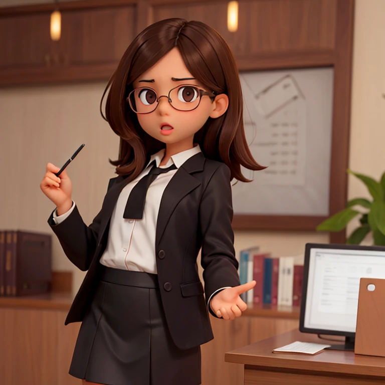 1girl, medium-length brown hair, brown eyes, glasses, open forehead, office outfit, black jacket, white shirt, black skirt, (uncertain look, open mouth, no smile), telling something