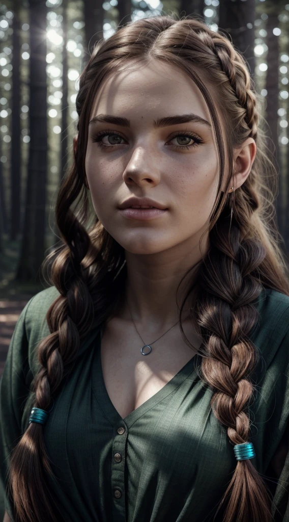 RAW, professional photograph, medium shot, photorealistic, realistic lights, realistic shadows, hyper-realistic, ray tracing, super detail, UHD, 8k, female, twenty years old, athletic body, soft facial features, long braided hair, Celtic hairstyle, straight hair, cyan hair, cyan eyes, Celtic clothing, forest in winter, sharp image