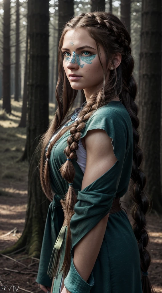 RAW, professional photograph, medium shot, photorealistic, realistic lights, realistic shadows, hyper-realistic, ray tracing, super detail, UHD, 8k, female, twenty years old, athletic body, soft facial features, long braided hair, Celtic hairstyle, straight hair, cyan hair, cyan eyes, Celtic clothing, forest in winter, sharp image