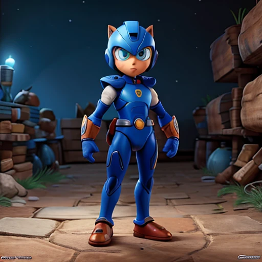 comic boy character, armadura tipo megaman, capacete forma de lobo