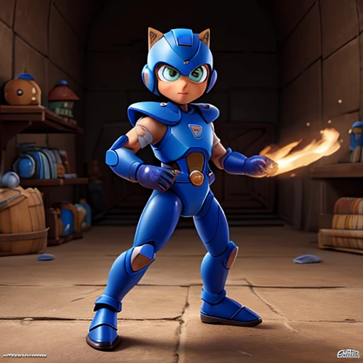 comic boy character, armadura tipo megaman, capacete forma de lobo