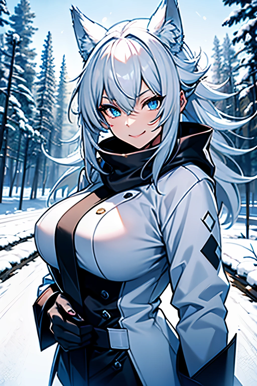 A young wolf girl with beautiful blue eyes, long white hair in a messy style, and prominent white wolf ears stands gracefully in a snowy landscape. She is dressed in a black leather jacket, which contrasts elegantly against the white scenery. Her body is adorned with intricate tattoos, adding to her unique and mysterious charm. The image captures her in a moment of happiness, as she smiles brightly, revealing her captivating beauty. In her hands, she holds a gleaming katana, symbolizing her strength and determination. The artwork is of the highest quality, with a resolution of 4k, ensuring every detail is meticulously rendered. The imagery exudes a sense of mastery and artistry, making it a true masterpiece. The scene is illuminated with soft, natural lighting, enhancing the overall ambiance. The color palette is vibrant and vivid, capturing the essence of the snowy landscape. This prompt guarantees the best quality image, inviting viewers to immerse themselves in the stunning visuals.