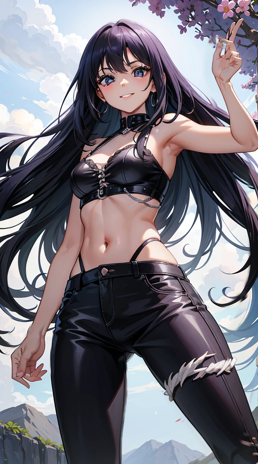 ((Long Straight Black hair)), Perfect face, Choker, Punk earrings, ((Tall)), ((High Quality)), Necklace, ((Mature)), Pretty Eyes, Sharp Nails, Bangs, ((1 Girl)), ((Multiple Earrings)), 1 girl, Spiky Earrings, Adult, Spiked Collar, Thin Eyelashes, ((Short Jeans)), ((Crop Top)), Close Up, Tall, Long Legs, ((Dynamic Pose)), Vibrant Colors, Sexy, Suggestive, Sexually Suggestive, Skinny, Teasing, Slender Body, Stylish, Bangs, Thick Eyeliner Around The Eyes, Tattoo Of Roses On Her Body, Small Eyes, Perfect Body, Sensual, ((Big Breasts)), Very Sharp Teeth, Thigh Highs, Punk, Close Up, Thick Thighs, Cat Girl, Very Large Cat Ears, Muscular, (Realistic:1.3), (masterpiece:1.2), (photoRealistic:1.2), (highest quality), (Detailed skin:1.3), (Intricate details), ((1 woman)), Detailed skin texture, Peachy Butt,