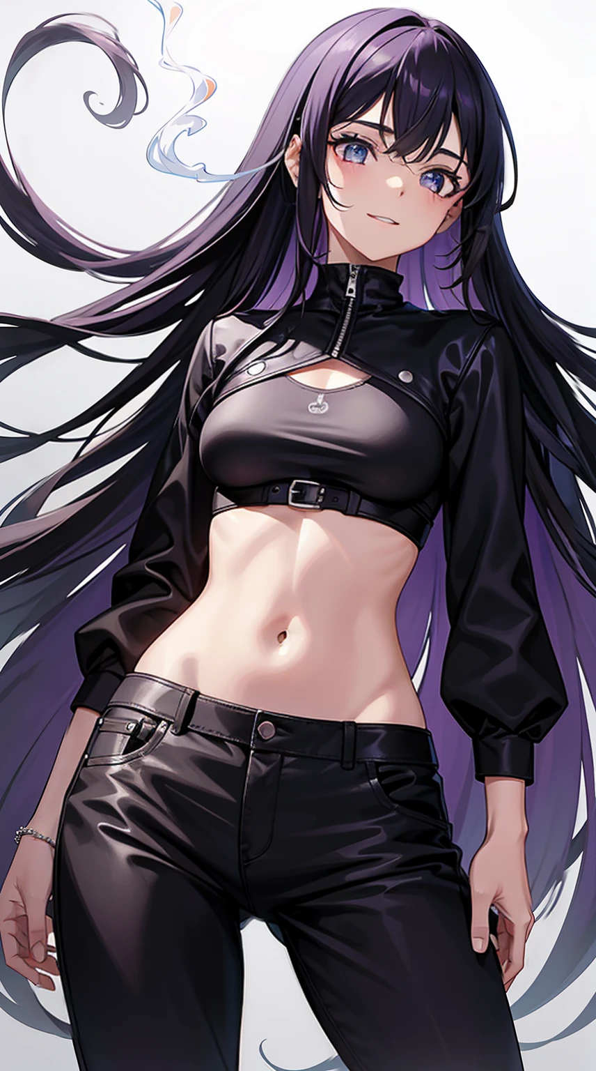 Adult woman, black skin, long purple hair, red eyes, purple top, leather jacket, leather skirt, smirk, open belly, open breasts, black lipstick, Masterpiece, hiquality