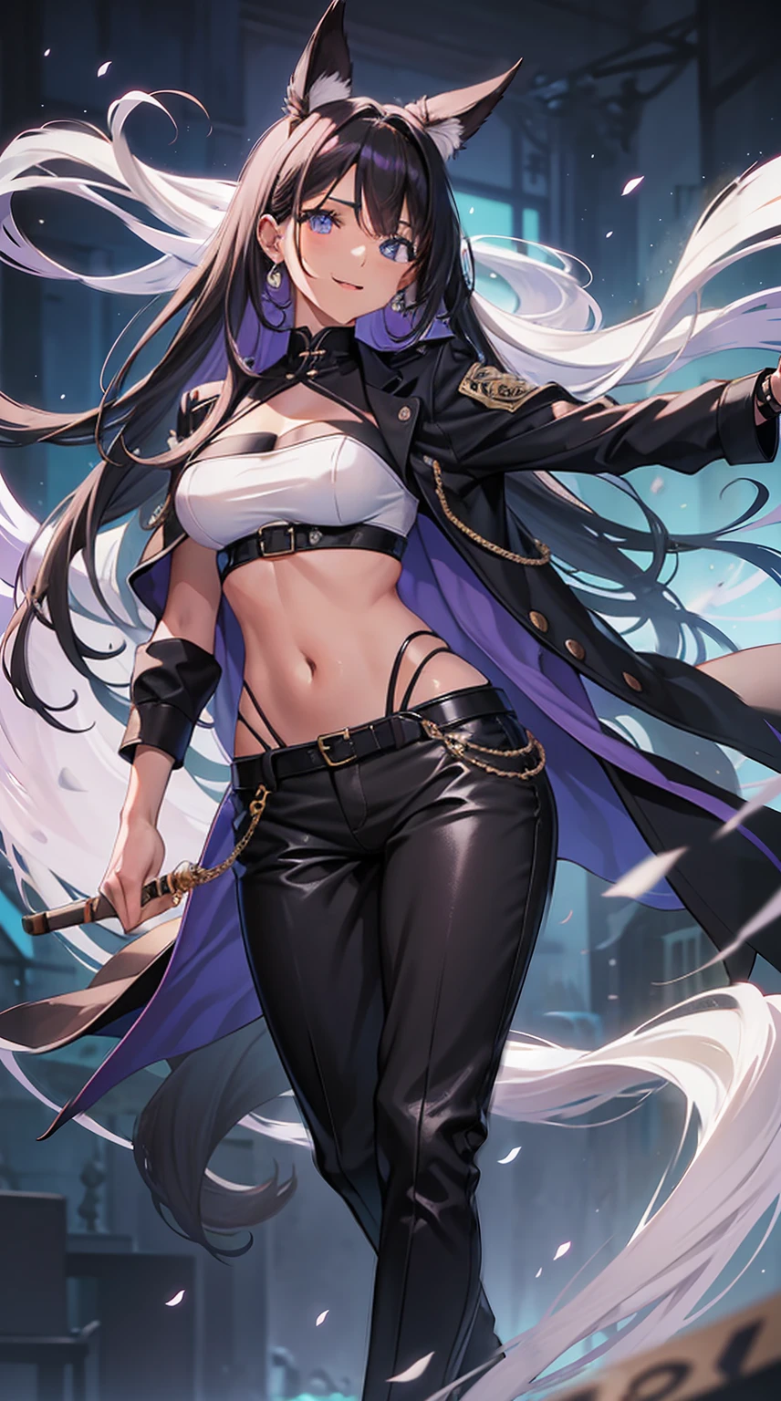 Rapariga, cabelo preto curto, olhos violetas, Sorriso, Jaqueta de couro preta com espinhos, barriga aberta, Slacks, correntes nas roupas, cicatriz no rosto, cigarro, smoke billowing, Hiqualidade, 4k, disco Rigido, bom detalhe