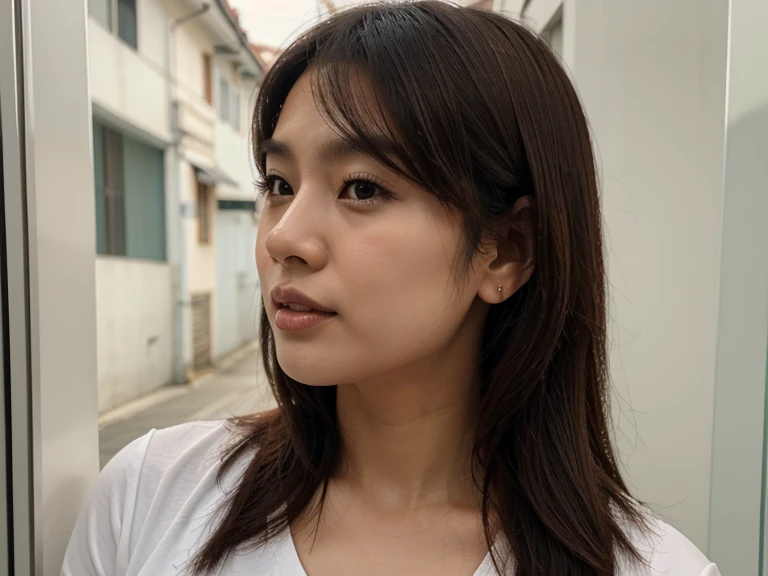 Asiatic woman, 25 anos, Profile position, Alegre, fundo branco, medium brown hair