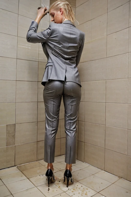 tall blonde, light gray business suit, heels,  show heels. standing under shower, soaking wet, SoakingWetClothes, wet hair, water pours through clothing, ((rear view))
