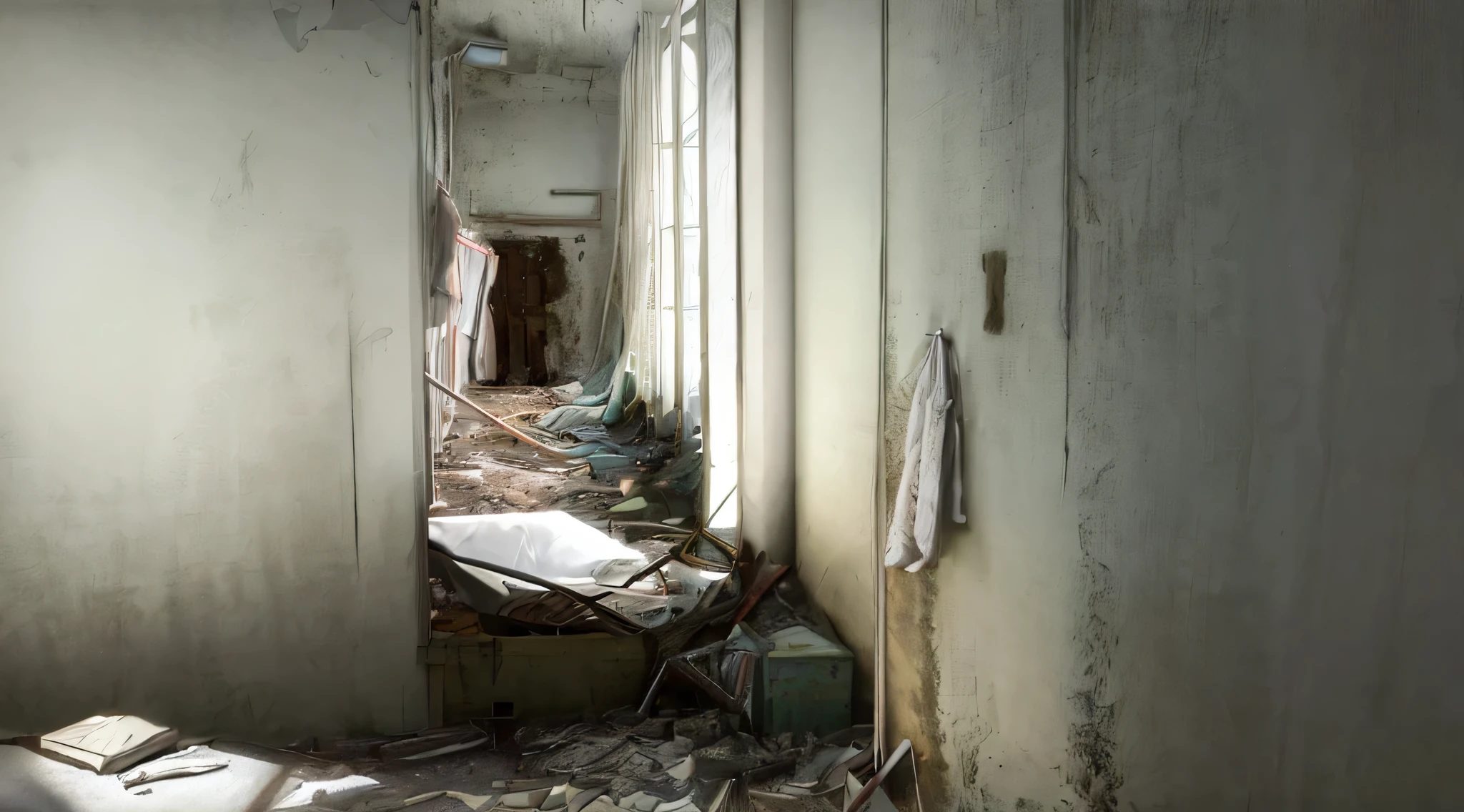 couloir arafé avec beaucoup de débris et une fenêtre, couloir sombre et abandonné la nuit, dans une maison abandonnée, Al&#39;intérieur d&#39;une maison hantée détruite, dans une chambre d&#39;hôpital délabrée, intérieur Hôpital abandonné, Al&#39;intérieur d&#39;une chambre d&#39;hôpital en décomposition, dans une chambre d&#39;hôpital délabrée, dans une maison abandonnée désolée, Hôpital abandonné, couloirs sombres