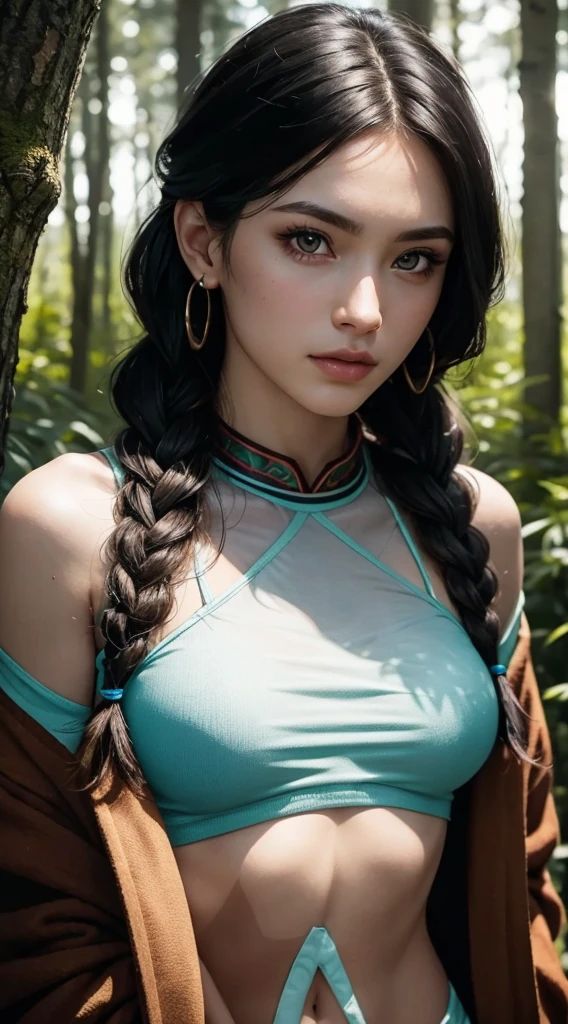RAW, professional photograph, medium shot, photorealistic, realistic lights, realistic shadows, hyper-realistic, ray tracing, super detail, UHD, 8k, female, twenty years old, athletic body, soft facial features, long braided hair, Celtic hairstyle, straight hair, cyan hair, cyan eyes, Celtic clothing, forest in winter, sharp image