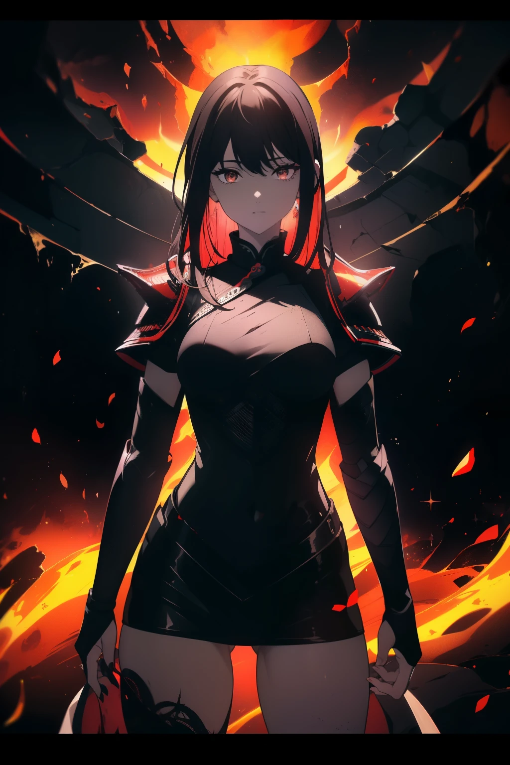 ((((Obra maestra, La mejor calidad, ultrahigh resolution)))), 1girl, happy, ((((standing, wearing red samurai armor, plate armour)))), (black hair, dark black hair over eye:1), long hair cut, pale skin, ((brown eyes)), (glowing_eyes), ((ultra detailed eyes:0.7, beautiful and detailed face, detailed eyes:0.9)), ((centered)), ((over joyed expression)), ((wide shot)), facing viewer, (((outdoors, purple and black lights, black dancing silhouettes:0.9))), medium breasts, looking at viewer, ((half closed eyes)), ((perfect hands)), (((head:1, arms, hips in view, elbows, thighs, in view))), ((hands at sides)), lively eyes, beautiful lighting, outside, outdoors, background, defined subject, 25 years old, (head tilt), (((cool))), ((lively)), (((wave of fire, flames)))