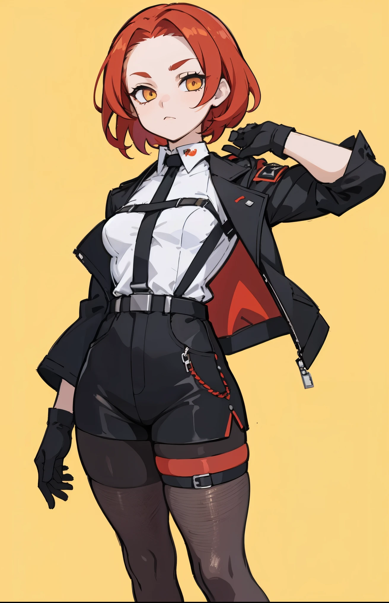 1girl, young woman, solo, short hair, Small  hair, (forehead:1.2), yellow eyes, sharp ocular posture, (scarlet red hair), Athletic, muscular, medium breasts, (cropped jacket, black jacket), white shirt, collared shirt, (chest harness, shoulder strap:1.15), black leather shorts, pantyhose fishnet 7/8, garter belt, gloves, elegant, looking at viewer, standing, mustard color background, masterpiece, best quality, 4k