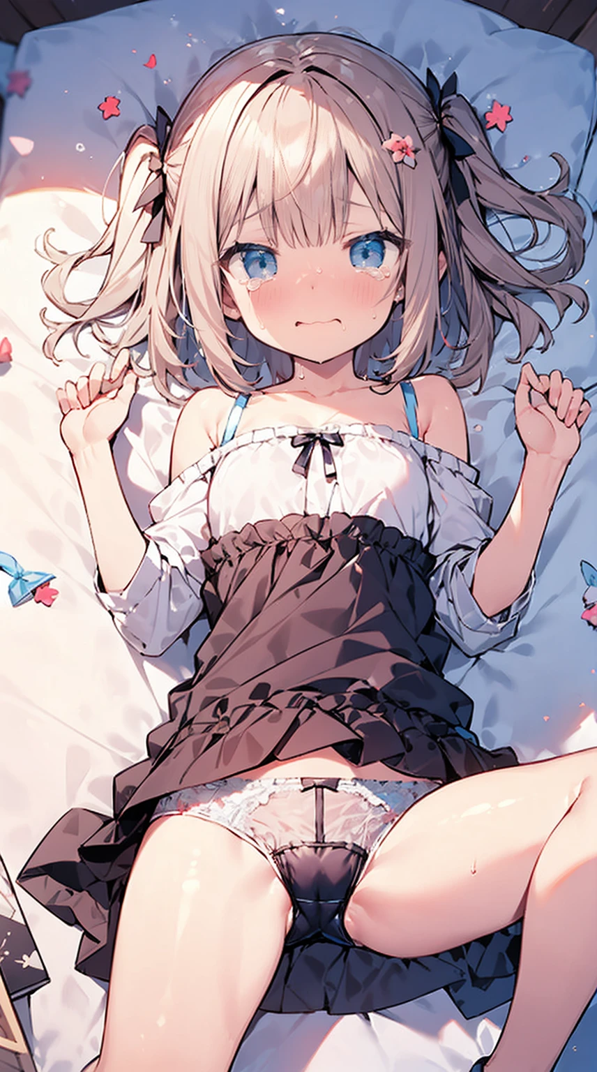 masutepiece, Best Quality,Illustration, Wallpaper, Ultra Detail, Little Face Lori、((fear:1.3))、(Teary-eyed:1.5)、(((Cute underwear)))、She makes me lie down and spread my legs.