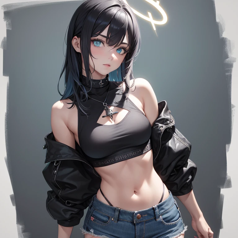 Garnet Alexandros, 1girl, solo, standing, black t-shirt, white shirt, blue jeans, belt, lipstick, large breasts