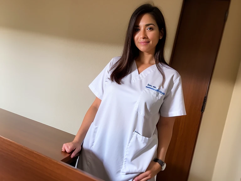 Esposa, medic, Broen Cabelo Curto, Mulher americana bonita,27 anos, Behind the desk, Casaco branco comprido, Bom Snile, look good in front of the camera, Background Story: - Hospital das Trevas ,