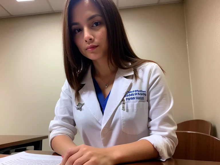 Esposa, medic, Broen Cabelo Curto, Mulher americana bonita,27 anos, Behind the desk, Casaco branco comprido, Bom Snile, look good in front of the camera, Background Story: - Hospital das Trevas ,