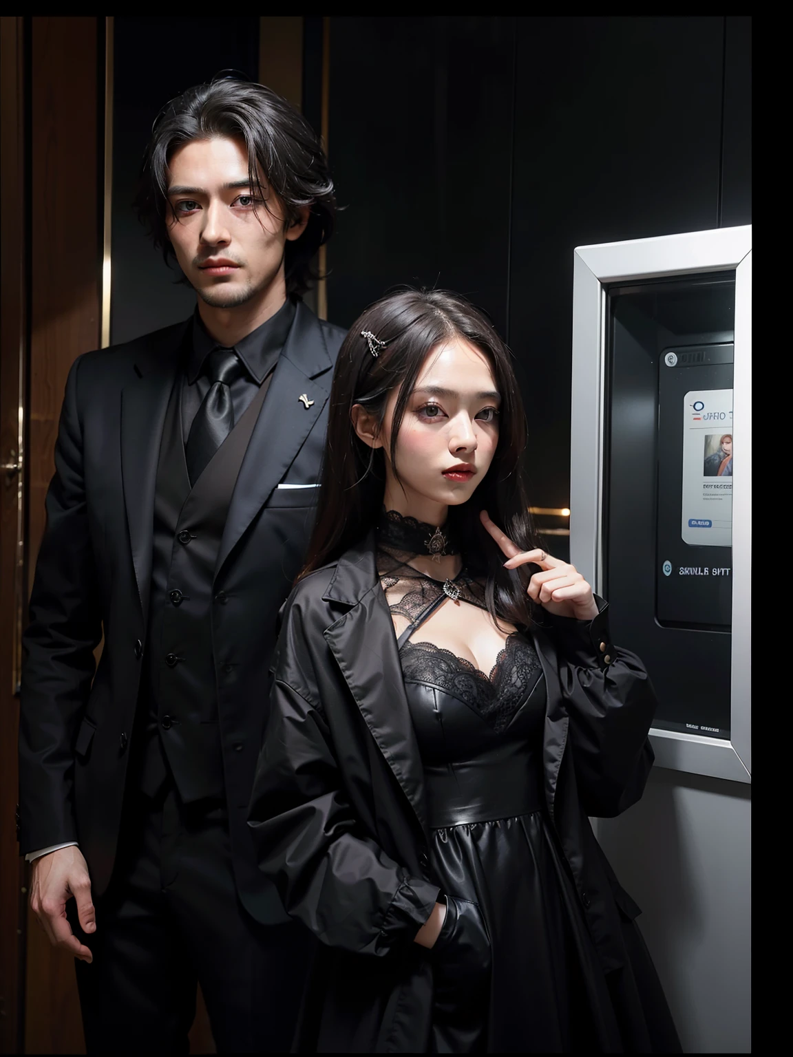 Woman and man, sorcerers, photobooth, black suit and dress.