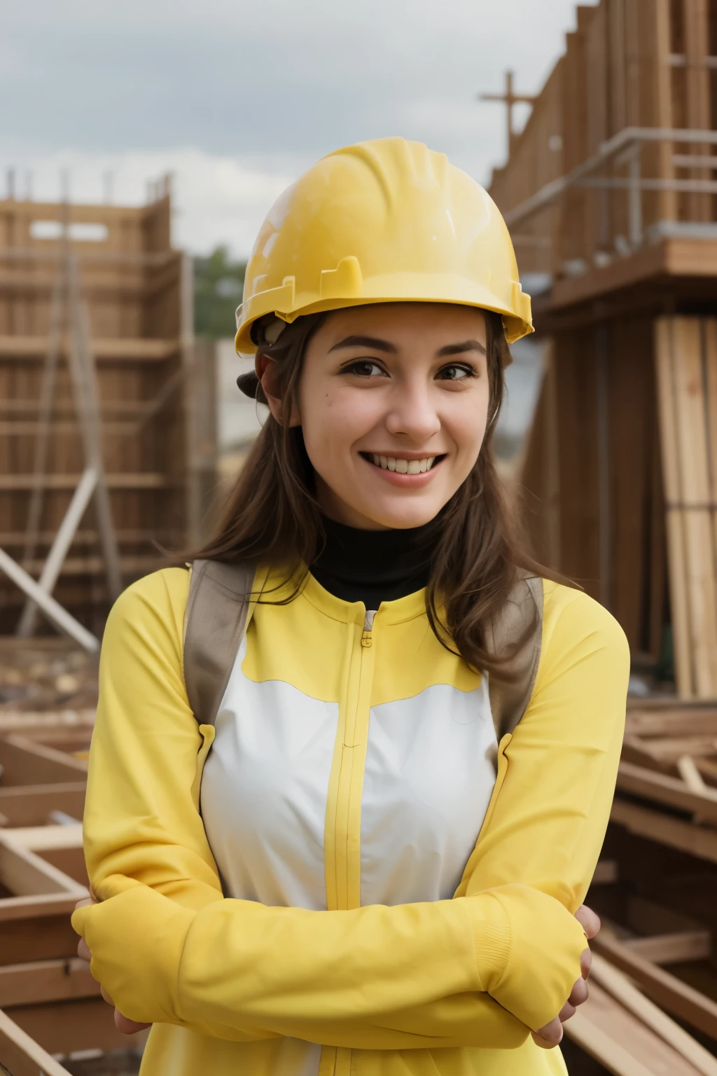 female construction engineer and yellow helmet and happy