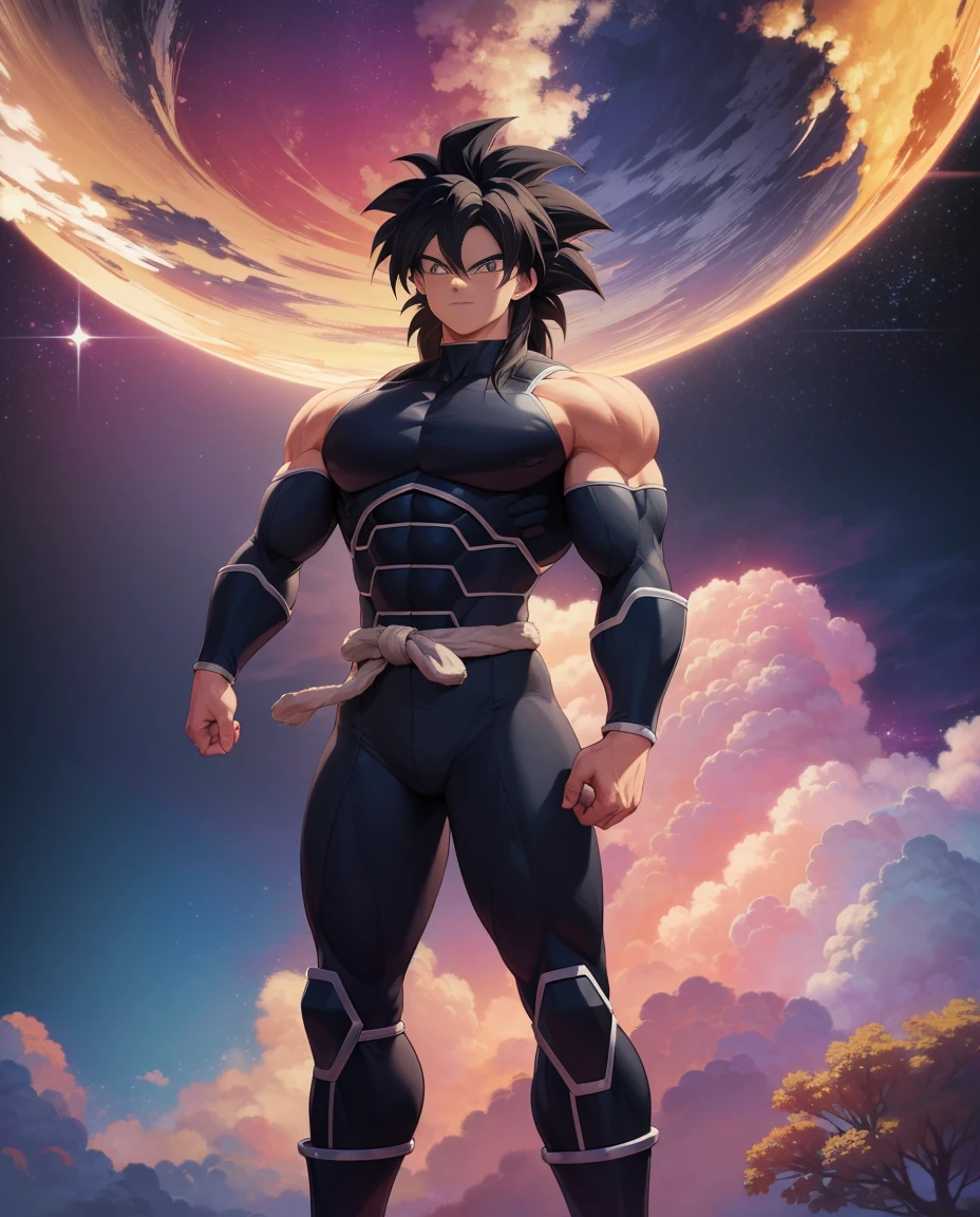 ((master piece, high quality, 4k, anime style, anime coloring, detailed space background)), ((ultra detailed body, ultra detailed hair, ultra detailed eyes, ultra detailed face)), best quality, male focus, ( (1boy, saiyan, muscles, alone, full body, creepy smile, black hair, wild saiyan hair, black eyes, saiyan armor)), Looking at the Viewer.