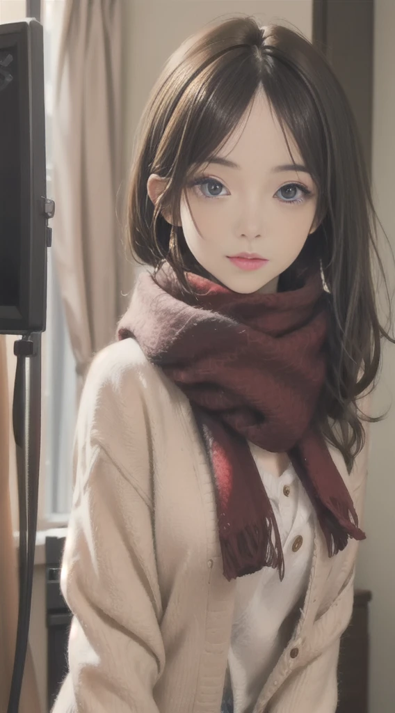 (masutepiece: 1.3), (max resolution: 1.2), (Ultra HDTV: 1.2), cinematric light, 8K resolution, Detailed eyes and skin, detailed facial features, Perfect limbs、Perfect fingers、Anatomically accurate body, Fingers in natural shape, Realistic texture, (Focus on the whole body:1.5), Perfect Style, (Beautiful face, kawaii eyes, Clear eyes、realisticeyes, Beautiful eyes like jewels), acurate, Anatomically correct, Highly detailed facial and skin texture, Detailed eyes, Double eyelids, Thin eyebrows, Glitter Eyeliner, Natural cheeks, Glossy skin, Fair skin:1.2, (Glossy lips: 1.2), (#Slim waist), (Firm chest, huge udder:1.3), 18year old, (Brown jacket, fluffy sweater, JINS, A fluffy red scarf tied around the neck), (lean forward and look at you:1.3),