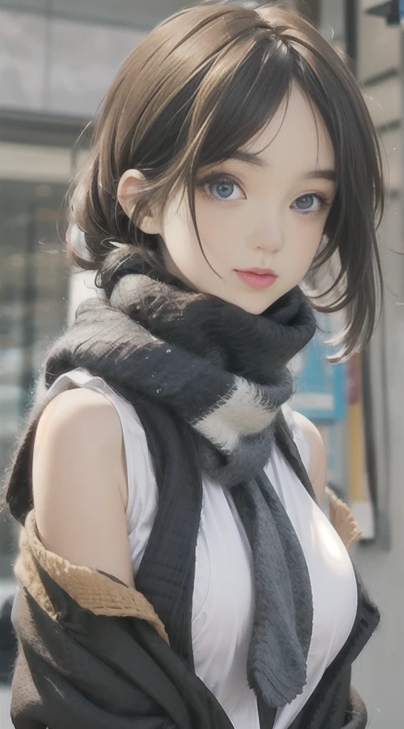 (masutepiece: 1.3), (max resolution: 1.2), (Ultra HDTV: 1.2), cinematric light, 8K resolution, Detailed eyes and skin, detailed facial features, Perfect limbs、Perfect fingers、Anatomically accurate body, Fingers in natural shape, Realistic texture, (Focus on the whole body:1.5), Perfect Style, (Beautiful face, kawaii eyes, Clear eyes、realisticeyes, Beautiful eyes like jewels), acurate, Anatomically correct, Highly detailed facial and skin texture, Detailed eyes, Double eyelids, Thin eyebrows, Glitter Eyeliner, Natural cheeks, Glossy skin, Fair skin:1.2, (Glossy lips: 1.2),  (#Slim waist),  (Firm chest, huge udder:1.3), 18year old, (Brown jacket, fluffy sweater, JINS, A fluffy red scarf tied around the neck), (lean forward and look at you:1.3),