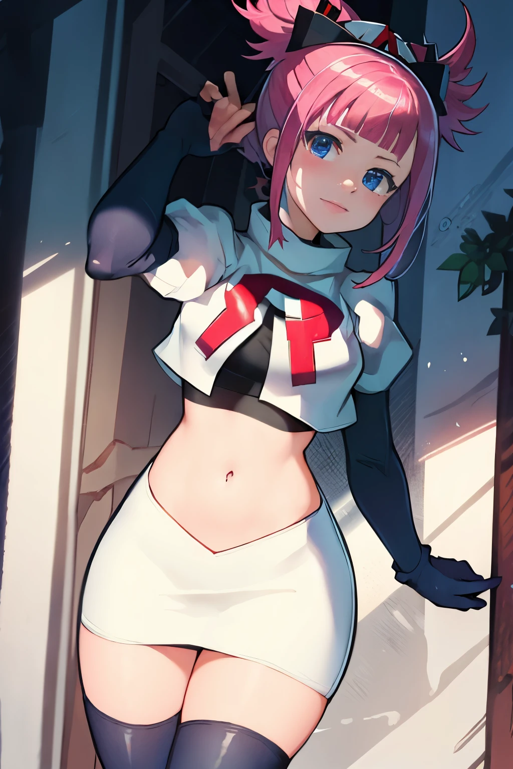 Hortensia, Hortensia \(Fire Emblem\), Hortensia \(Fire Emblem: Engage\), pink hair, team rocket, team rocket uniform, red letter R, white skirt, white crop top, black thigh-high boots, black elbow gloves,