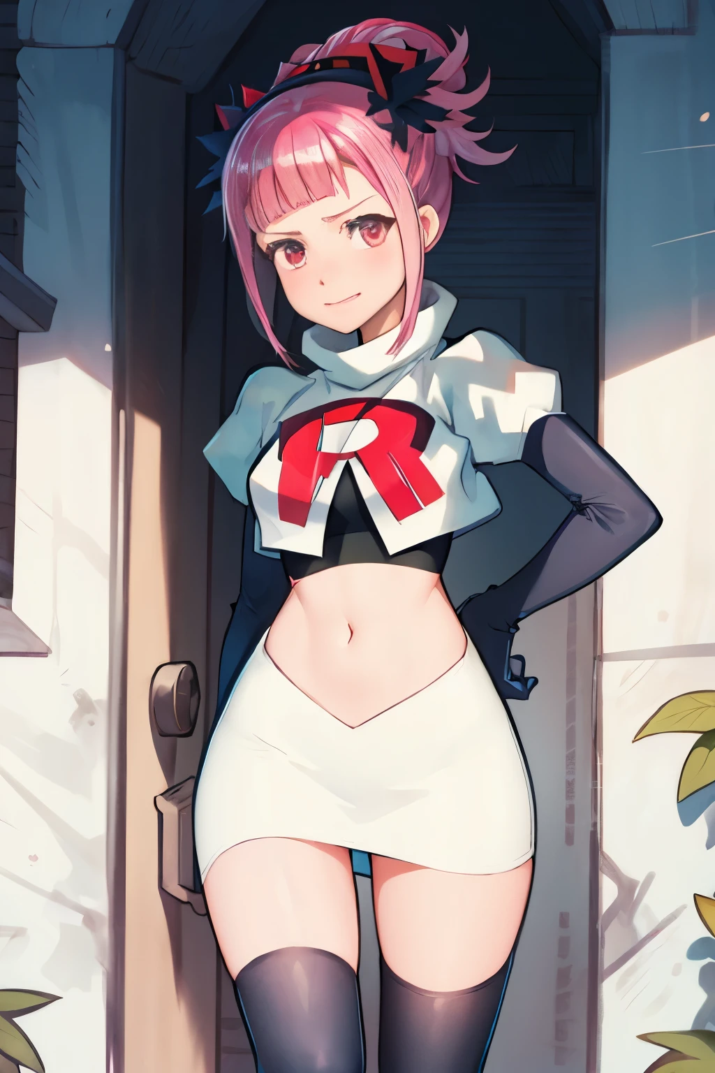 Hortensia, Hortensia \(Fire Emblem\), Hortensia \(Fire Emblem: Engage\), pink hair, team rocket, team rocket uniform, red letter R, white skirt, white crop top, black thigh-high boots, black elbow gloves,