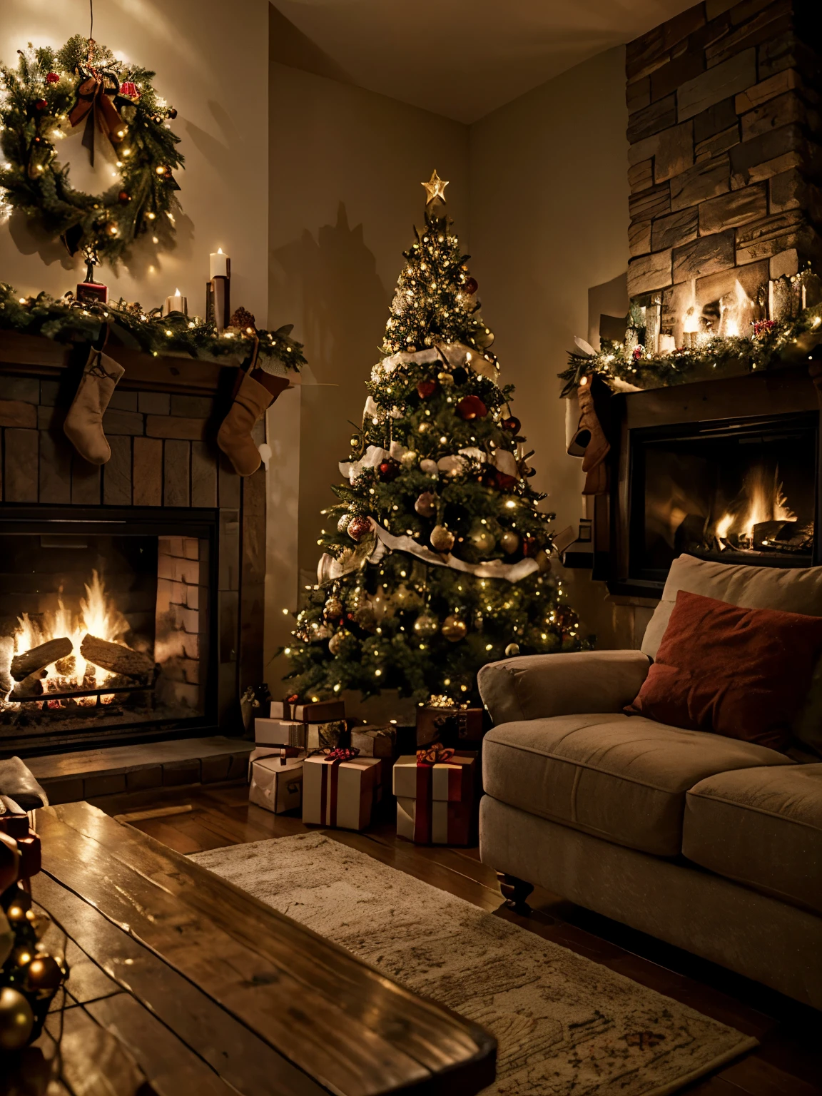 A cozy living room scene with a roaring fireplace, a decorated Christmas tree, and presents wrapped in rustic paper.