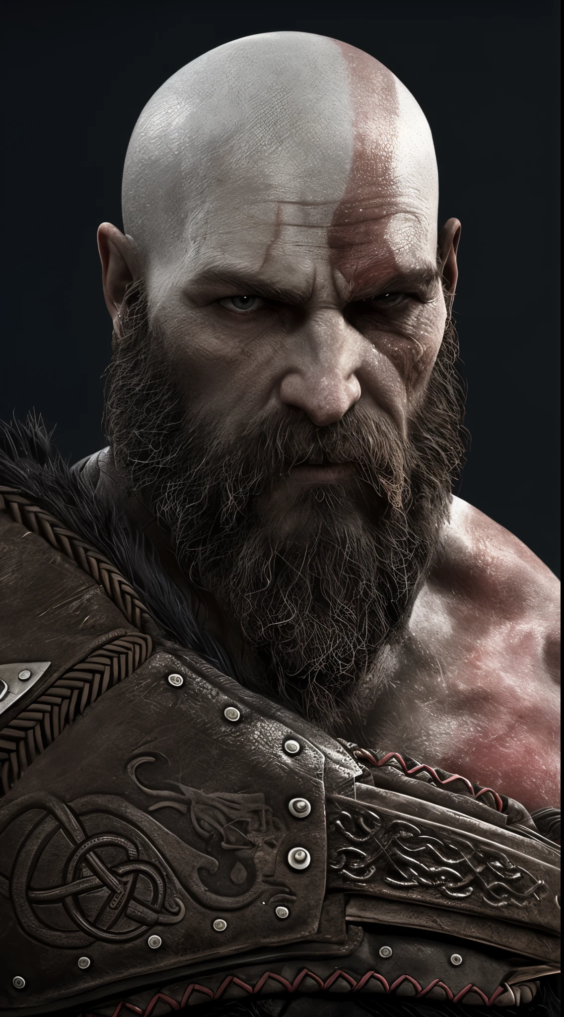 a close up of a man with a beard and a leather outfit, portrait of kratos, 4k concept art and hyper realism, dwayne johnson as god of war, sam hyde in god of war 4, dwayne johnson as kratos, god of war 2 0 1 8, kratos, high detail iconic character, god of war, ultra detailed game art