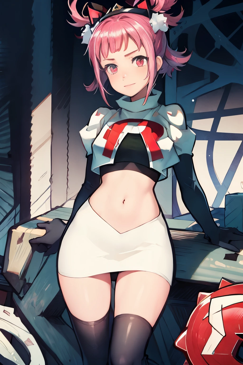 Hortensia, Hortensia \(Fire Emblem\), Hortensia \(Fire Emblem: Engage\), pink hair, team rocket, team rocket uniform, red letter R, white skirt, white crop top, black thigh-high boots, black elbow gloves,