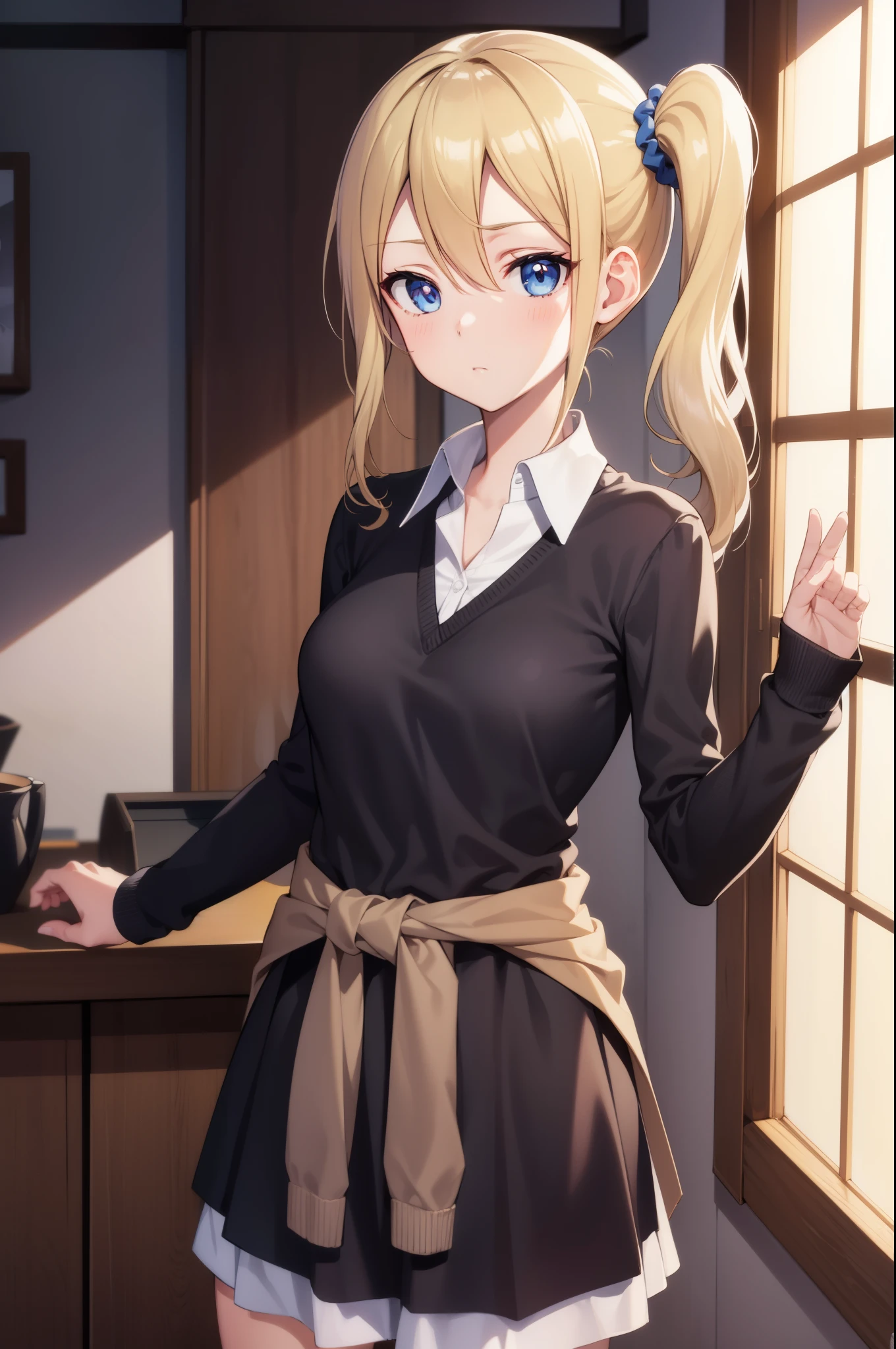 Aihayasaka, Ai Hayasaka, Blonde hair, Blue eyes, blue Scrunchie, hair between eye, hair Scrunchie, Long hair, Scrunchie, Side Ponytail, side locks,
BREAK black Sweaters, Blouse, Cardigan, Cardigan around waist, clothes around waist, collared Shirt, dress Shirt, Long sleeves, School uniform, Shirt, shuuchiin academy School uniform, Skirt, Sweaters, white Shirt,
BREAK looking at viewer,
BREAK indoors, crass room,
BREAK (masutepiece:1.2), Best Quality, High resolution, Unity 8k壁纸, (Illustration:0.8), (Beautiful detailed eyes:1.6), extra detailed face, Perfect Lighting, extremely details CG, (Perfect hands, Perfect Anatomy),