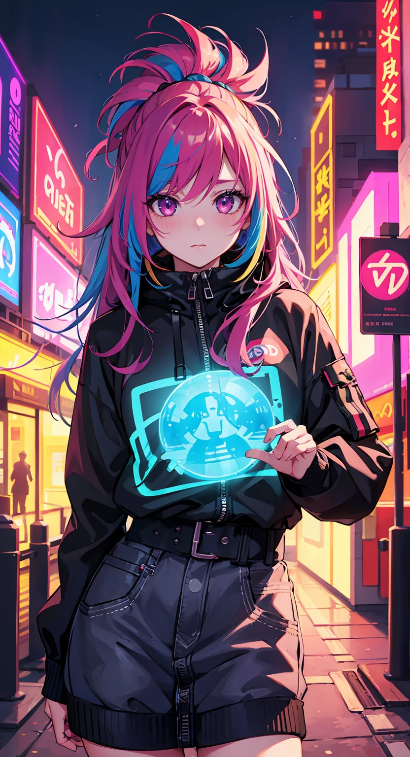 1girl,Creative hair,Rainbow Hair,City streets,fisheye,neon cold lighting, cyberpunk, blush, Waist Shot,Detailed face details,dynamic pose, rim lights,