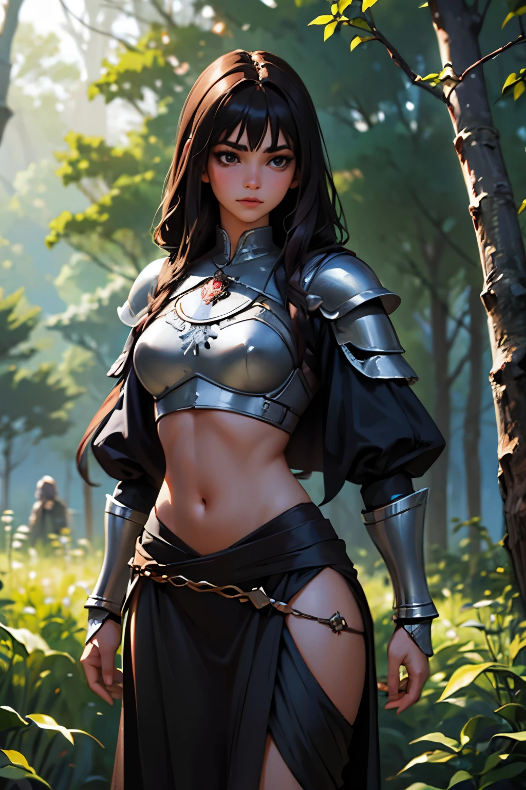 ((Ultra Realistic Style)), (1GIrl, Indian, Beautiful dark hair, Slim beautiful body, wearing medieval Light black armor), (In a forest)