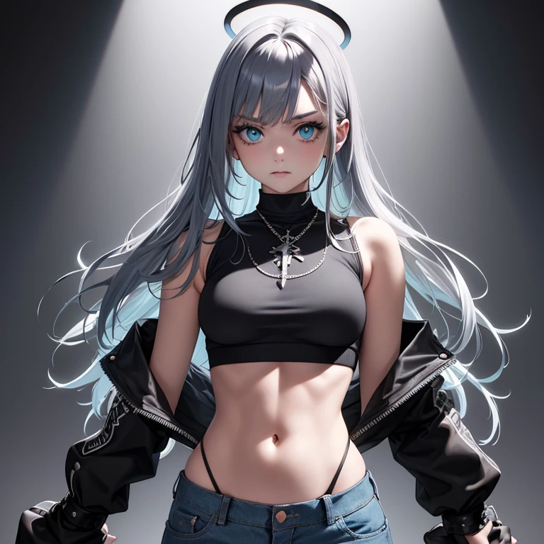 meisterwerk, best qulaity, 1girls, solo, crop top, jeansshorts, halsband, arms behind back, gegen wand, anschauen betrachter, armbinde, oberschenkelgurt, Color on body, kopfneigung, gelangweilt, mehrfarbige haare, aqua eyes, halo