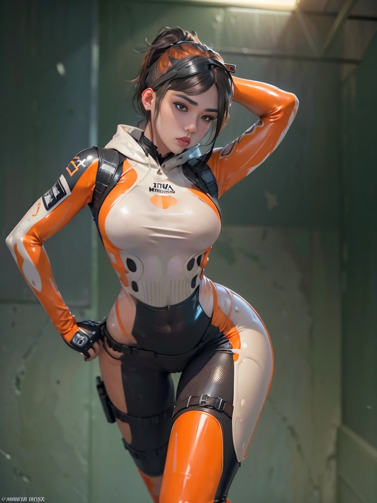 1 girl, ballistic mask, (Luxury orange and white latex Bodysuit:1.4), high heeled boots, gloves, (((Full body))), ponytail hair, tactical gear, M16 assault rifle, Sharp focus, fishnets, femme fatale, hood,
((Best quality)), ((masterpiece)), (highly detailed:1.3), Depth-of-field, Multi-layered textures, HDR (High Dynamic Range), Ray Tracing, NVIDIA RTX, Unreal 5, Subsurface scattering, PBR Texturing, Post-processing,
Anisotropic Filtering, Maximum clarity and sharpness, Wide aperture, Low ISO, White balance, Rule of thirds, 8K RAW, (extremely slutty), (Highly realistic skin), beautiful detailed eyes, sharp image, (High detail:1.3),