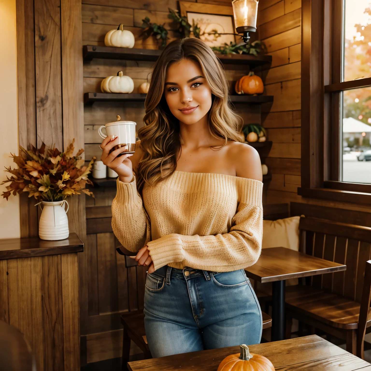 Generate captivating photographs of Autumn, the enchanting influencer, as she indulges in the seasonal delight of a pumpkin spice latte. Autumn, in her mid-20s, stands around 5'4" tall, with long, wavy chestnut hair gracefully draping over her shoulders. Her athletic hourglass figure, elegantly accentuated by a full bust, pairs beautifully with her flawless, sun-kissed tan. Autumn's expressive brown eyes radiate charisma, mirroring her relaxed and confident demeanor.
Autumn's cozy chic ensemble perfectly captures the essence of the season. She wears an alluring off-the-shoulder sweater in an inviting color, showcasing her neckline and collarbone. Paired with snug-fitting, high-waisted jeans, this ensemble highlights her figure with sophistication.
The charming, rustic coffee shop setting immerses Autumn in the warmth of fall, adorned with autumnal decor that enhances the cozy ambiance. Soft, diffused lighting envelops her in a golden glow, creating an inviting atmosphere. The surroundings include cozy seating, rustic wooden tables, and the rich aroma of freshly brewed coffee, all capturing the essence of Autumn's delightful pumpkin spice latte experience.
In candid moments, Autumn enjoys her latte, lost in thought while gazing out of the window or sharing a bright smile. The photos capture the coziness and tranquility of the coffee shop, reflecting the joy of sipping a warm, whipped cream and cinnamon-topped beverage. Natural lighting enhances the inviting atmosphere, bringing to life the essence of Autumn's heartwarming coffee moments.
With intense makeup, a cozy atmosphere, and features that are meticulously symmetrical, the photos embrace photorealistic techniques like path tracing, specular lighting, volumetric face light, path-traced hair, visible shadows, and intricate details. This creates an elaborate and hyper-realistic portrayal of Autumn's heartwarming pumpkin spice latte moments.