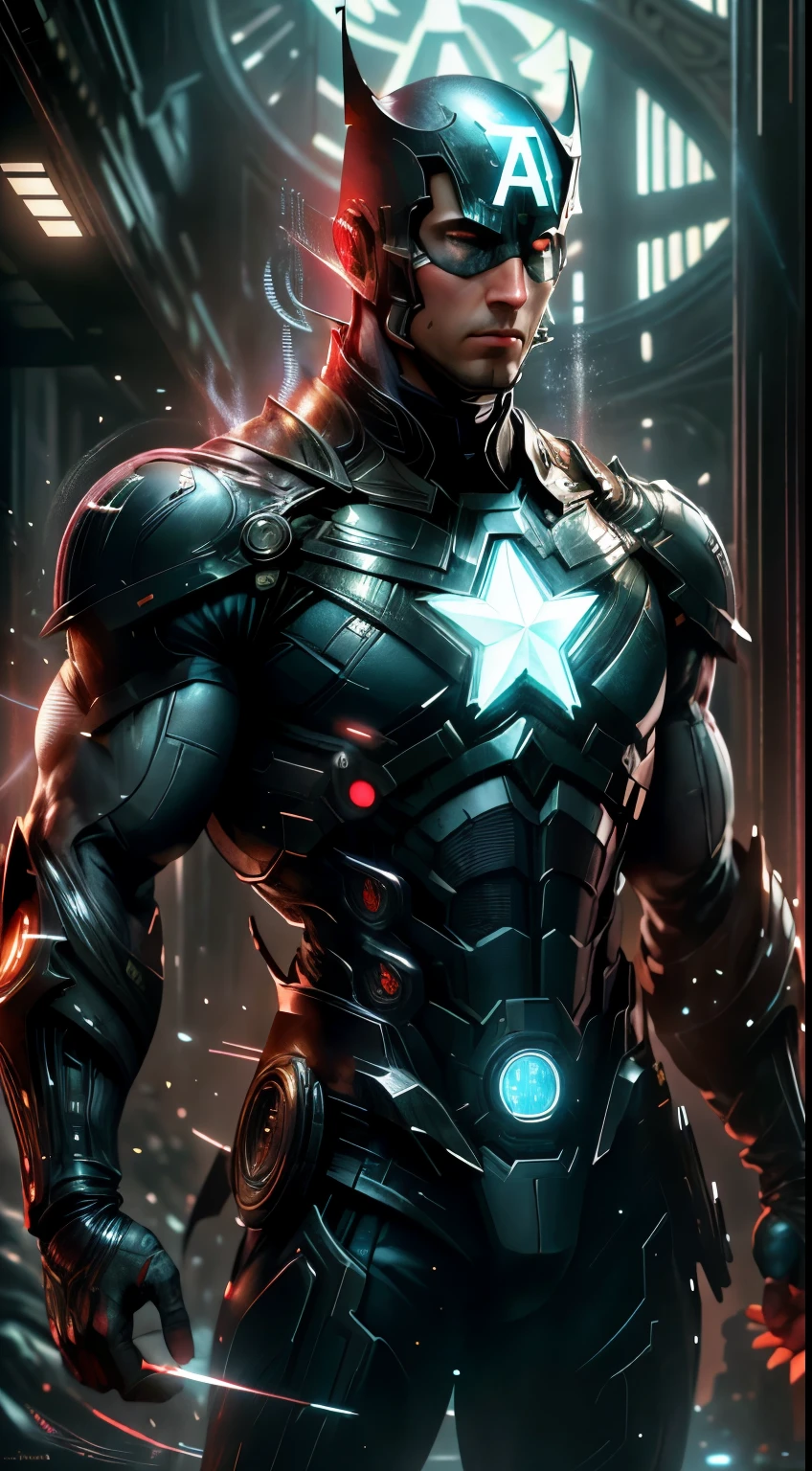 Realistic ,reluzente, Reflexivo, bioluminic, Captain America, segurando faca ensanguentada, em Gotham City, capa, Runas brilhantes _vermelho, corpo inteiro, Kinematic, fundo escuro, luz de fundo, alto contraste,