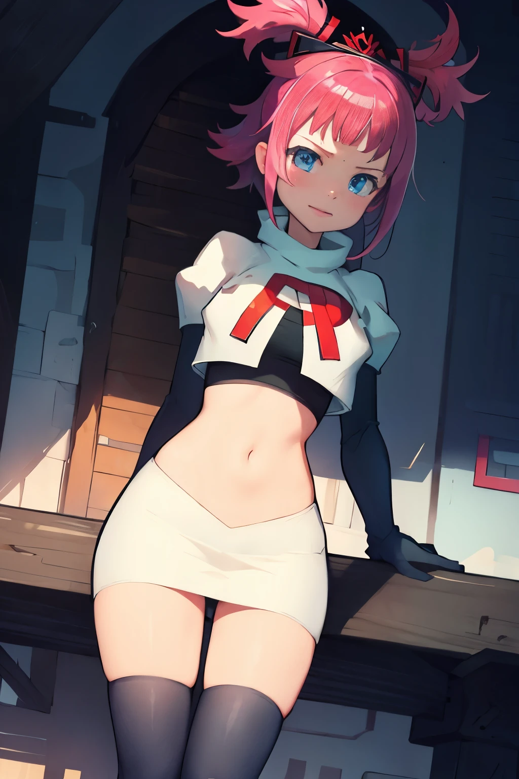 Hortensia, Hortensia \(Fire Emblem\), Hortensia \(Fire Emblem: Engage\), pink hair, team rocket, team rocket uniform, red letter R, white skirt, white crop top, black thigh-high boots, black elbow gloves,