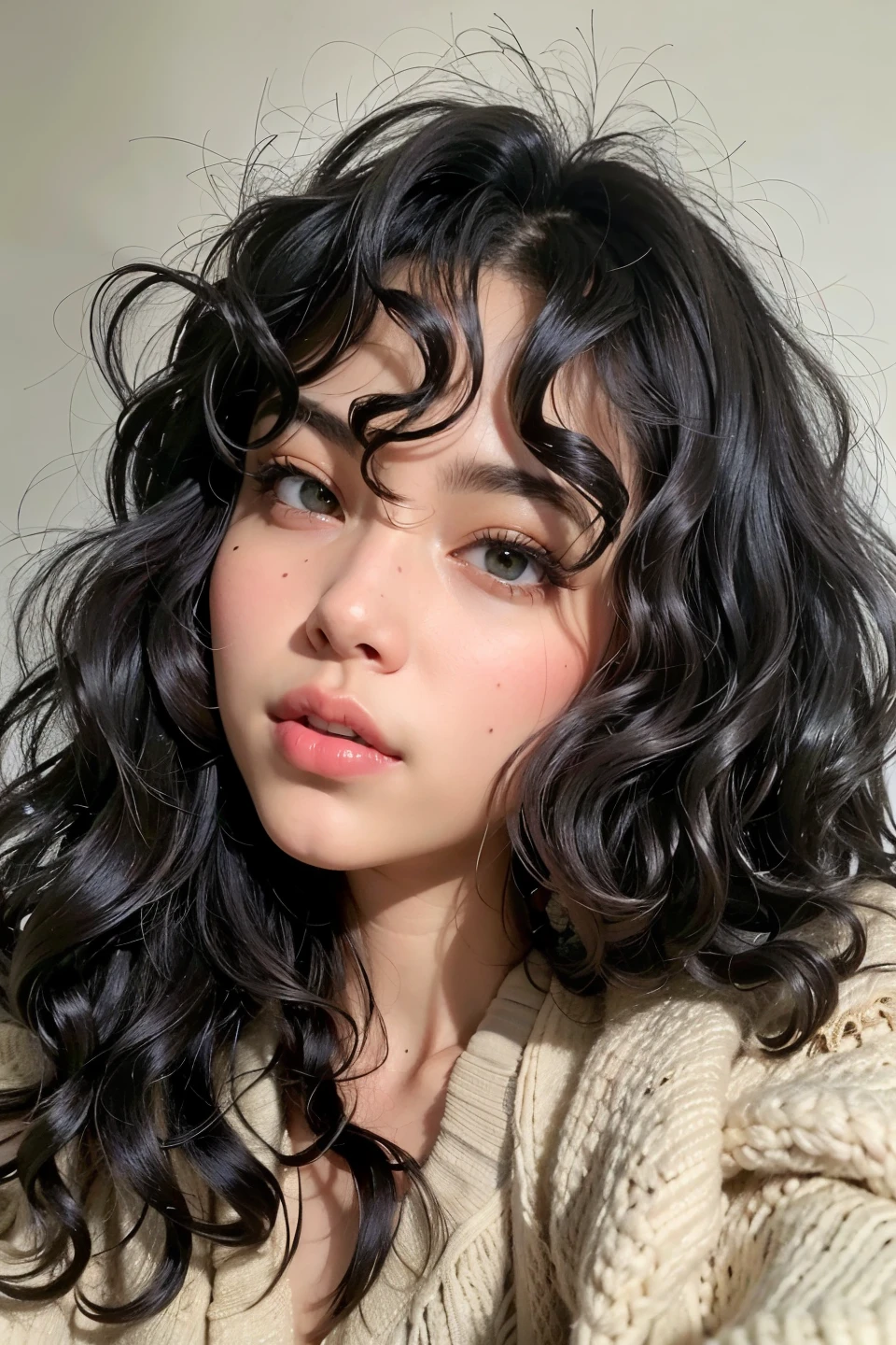 a close up of a woman com longos cabelos cacheados wearing a sweater, franja encaracolado, com longos cabelos cacheados, curly middle part haircut, cabelos ondulados espalhados, cabelo ondulado preto com franja, cabelos escuros cacheados, seu rosto emoldurado com cachos, franja de cortina, com um perm encaracolado, franja fofa, franja encaracolado and ponytail, cabelos ondulados na altura dos ombros, messy curly hair