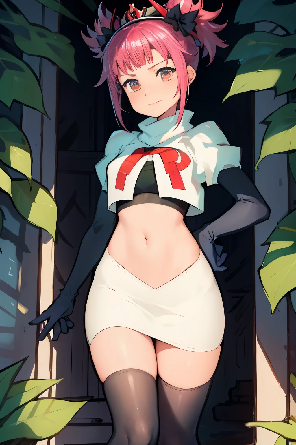 Hortensia, Hortensia \(Fire Emblem\), Hortensia \(Fire Emblem: Engage\), pink hair, team rocket, team rocket uniform, red letter R, white skirt, white crop top, black thigh-high boots, black elbow gloves,