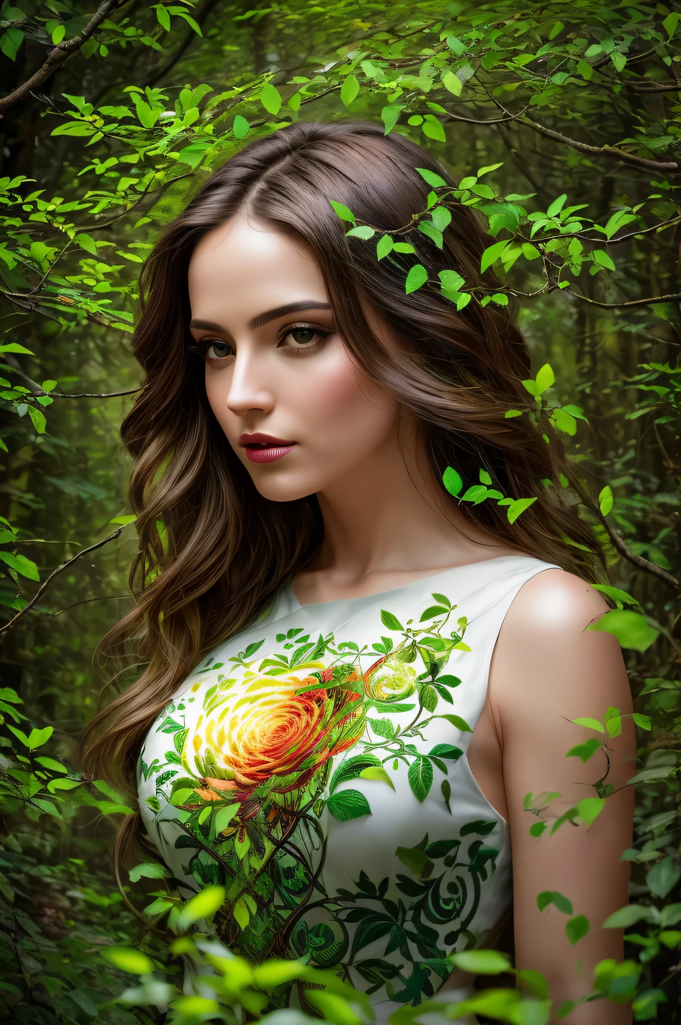 (((Logo))) 8k surreal, (Cinematic, emotional:1.3), (dynamic pose:1.2), (complex image:1.2), woman fused with nature, (plants covering body:0.6), , enchanted forest, swirling vines, vibrant colors, floating petals, dreamlike atmosphere, perfect lighting, perfect shadinasterpiece, award winning, sidelighting, (finely detailed beautiful eyes: 1.2), hdr, (off angle), ((analog style)), (photorealistic:1.6)