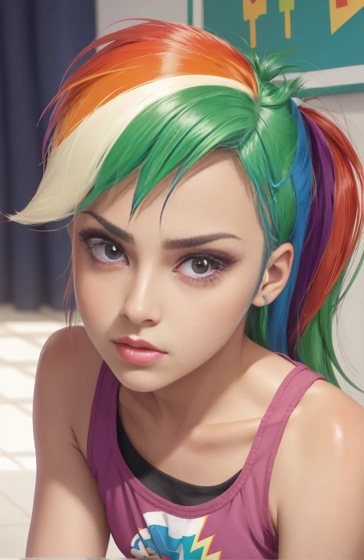 Rainbow dash , mlp , pink eyes, cabello largo, fondo aleatorio, besar, Beautiful, senos grandes , mirada coqueta, ((muy detallado)), (Cara perfectamente detallada), (Mano bien detallada), Imagen fotorrealista. , hermosa chica adolesente , 21 yr old , lindo maquillaje , labios rojos , sombra de ojos azul , bolso a la moda , cuerpo completo , cabello de colores , cabello largo de arcoiris , pelo de color arcoiris , usa linda ropa deportiva
