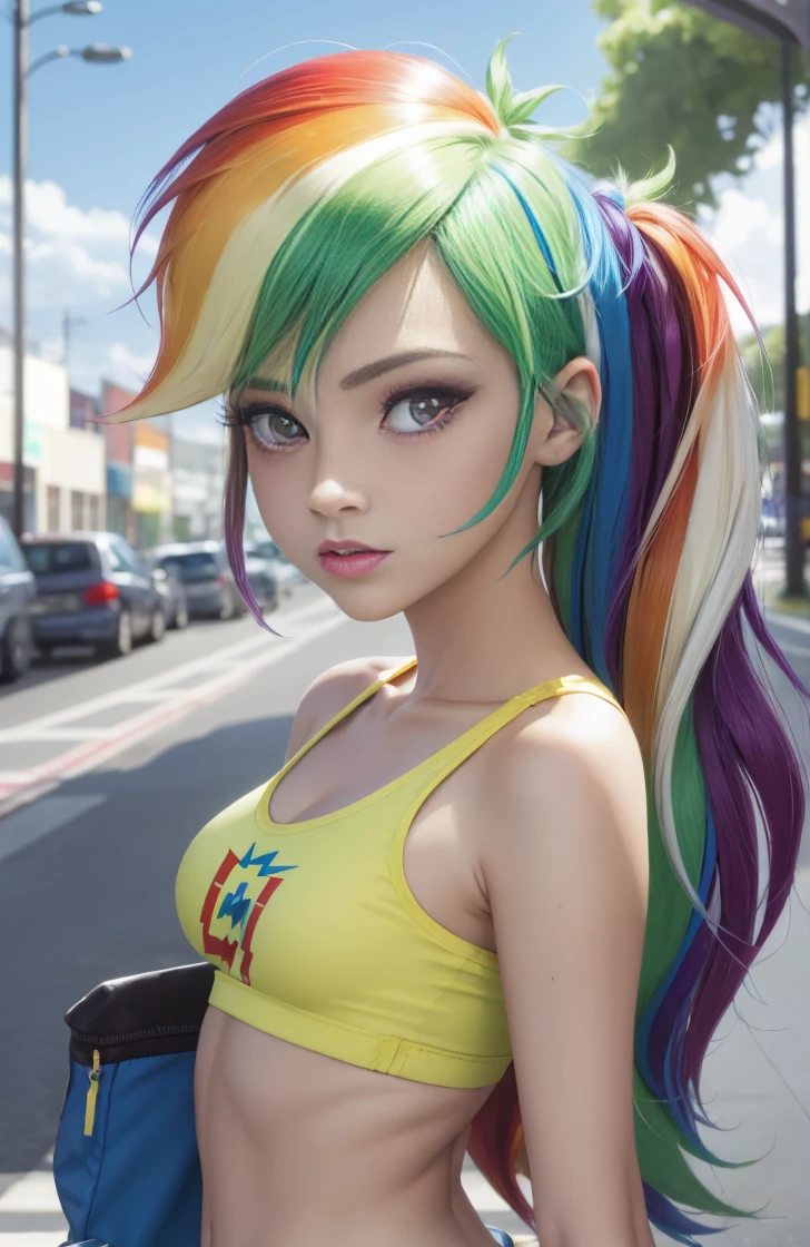 Rainbow dash , mlp  , pink eyes, cabello largo, fondo aleatorio, besar, Beautiful, senos grandes , mirada coqueta, ((muy detallado)), (Cara perfectamente detallada), (Mano bien detallada), Imagen fotorrealista. , hermosa chica adolesente , 21 yr old , lindo maquillaje  , labios rojos , sombra de ojos azul , bolso a la moda , cuerpo completo , cabello de colores , cabello largo de arcoiris , pelo de color arcoiris , usa linda ropa deportiva