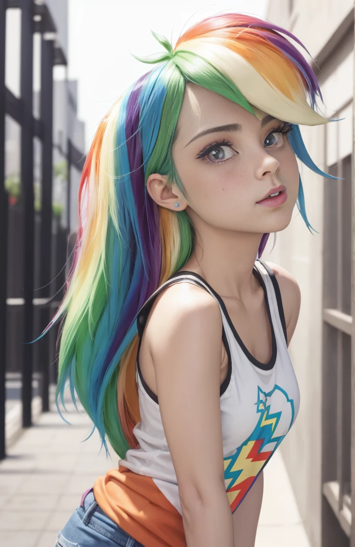 Rainbow dash , mlp  , pink eyes, cabello largo, fondo aleatorio, besar, Beautiful, senos grandes , mirada coqueta, ((muy detallado)), (Cara perfectamente detallada), (Mano bien detallada), Imagen fotorrealista. , hermosa chica adolesente , 21 yr old , lindo maquillaje  , labios rojos , sombra de ojos azul , bolso a la moda , cuerpo completo , cabello de colores , cabello largo de arcoiris , pelo de color arcoiris , usa linda ropa deportiva